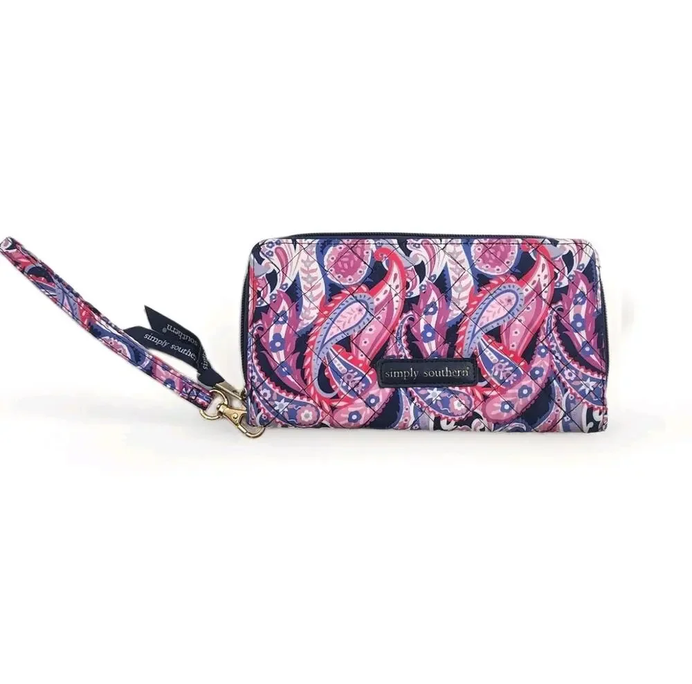 Simply Southern Wristlet Wallet Pink Paisley Quilted Detachable Strap